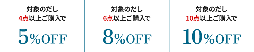 同一だし4点以上ご購入で5%OFF　同一だし6点以上ご購入で8%OFF　同一だし10点以上ご購入で10%OFF